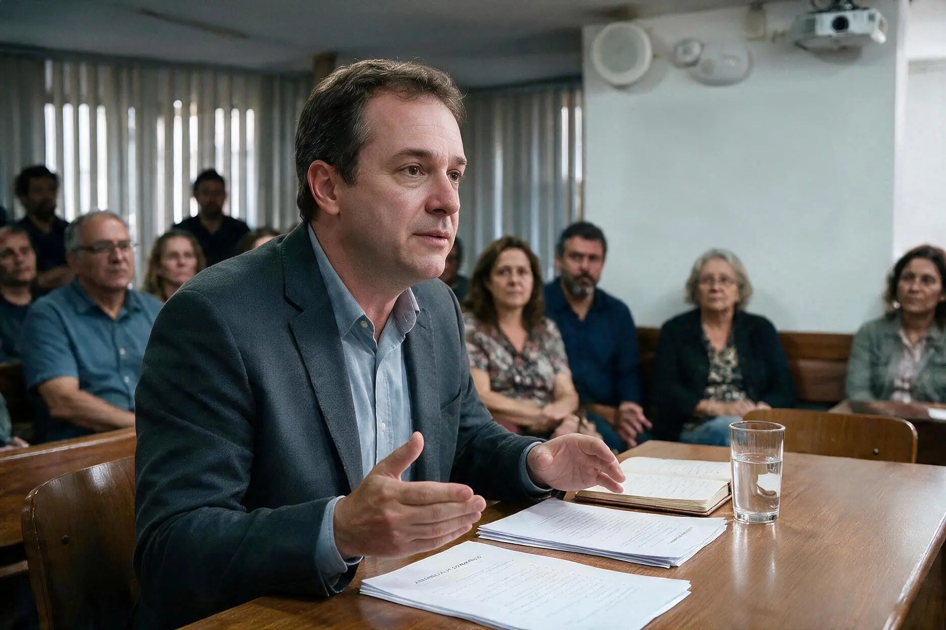 Síndico em assembleia de condomínio discutindo segurança e custos com moradores